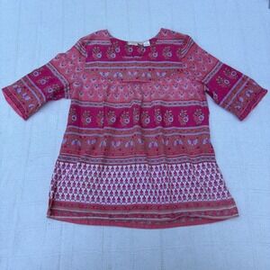 Women's Large LA CERA Pink India Boho Loose Flowy Half Sleeve Cotton Top